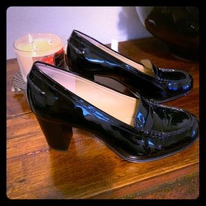 Michael Kors loafer block heel patent pumps